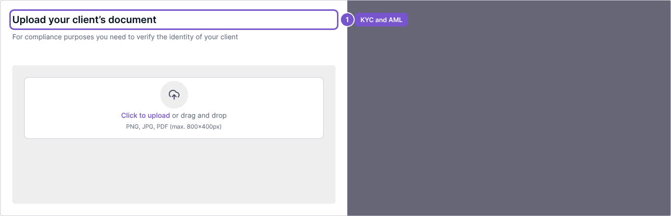 KYC and AML document guidance with a click-to-upload area.