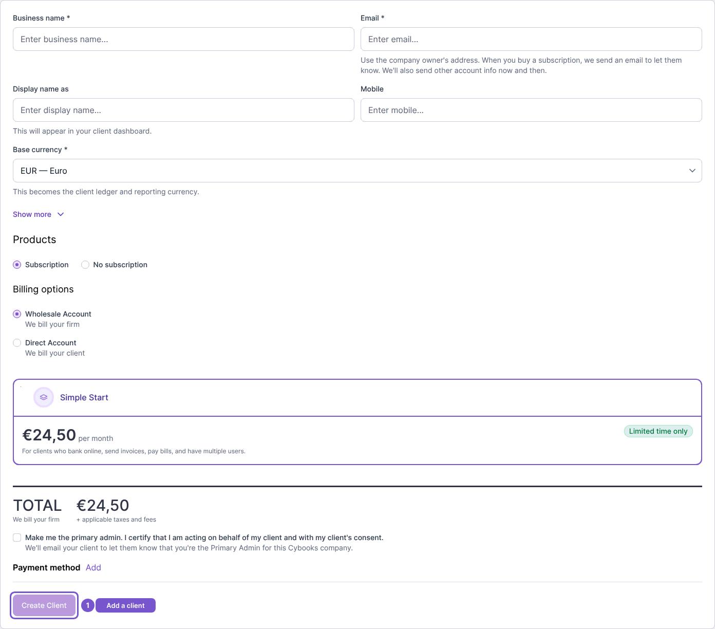 Add a client form with company details, base currency, subscription choices and Create Client.