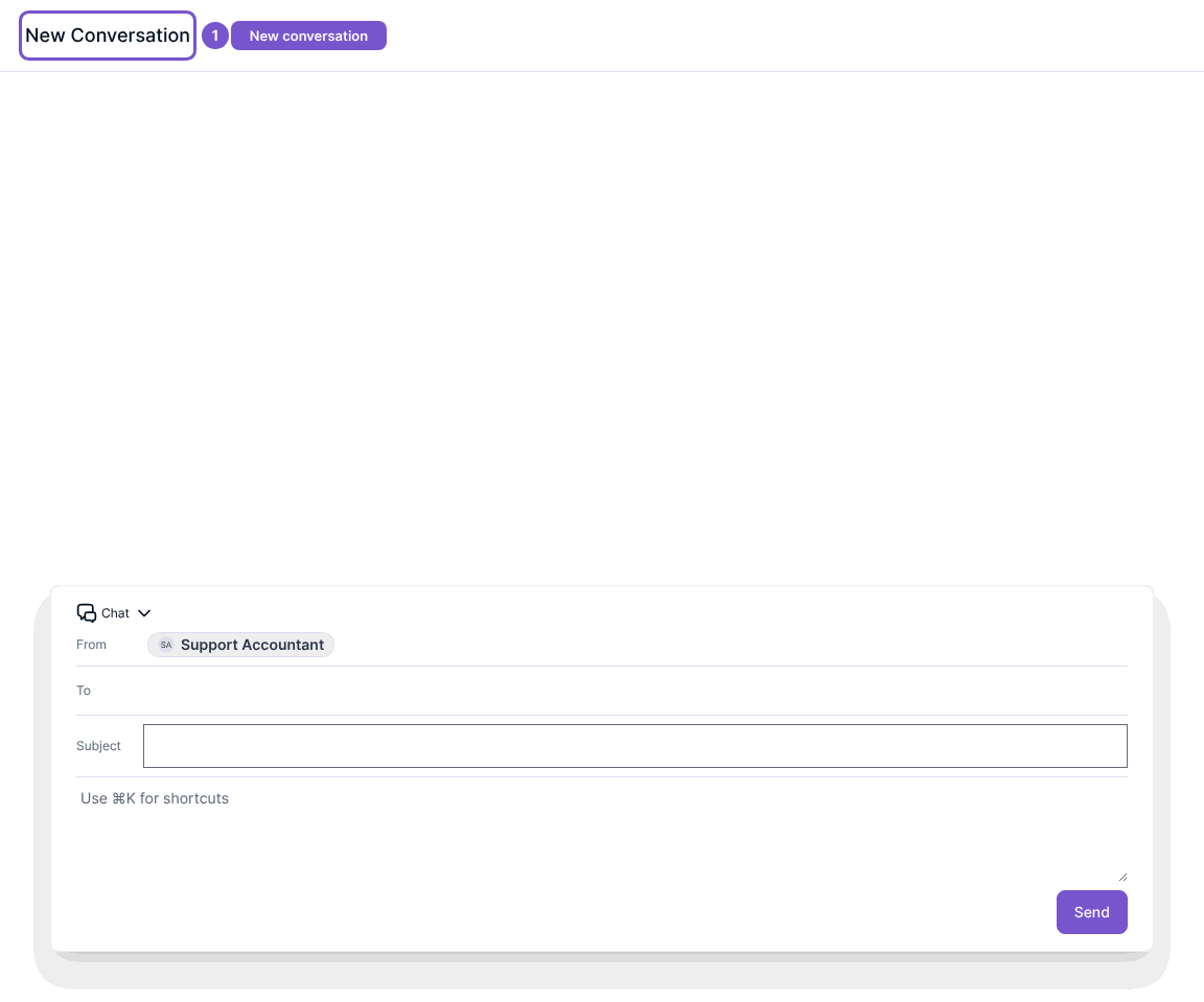 New Conversation composer showing Chat, From, To, Subject and Send.