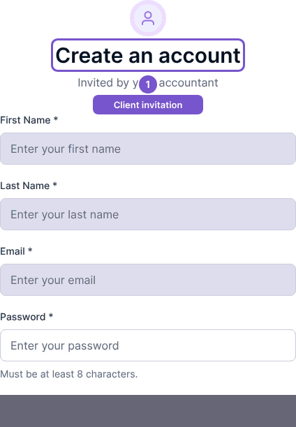 Create an account invitation form with name, email and password fields.