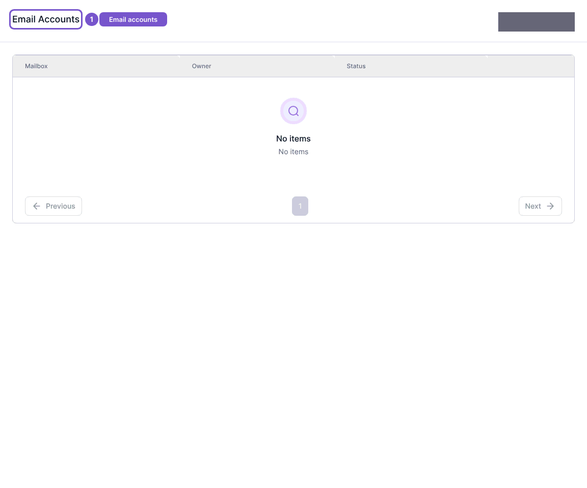 Email Accounts table with Mailbox, Owner and Status columns and a No items state.