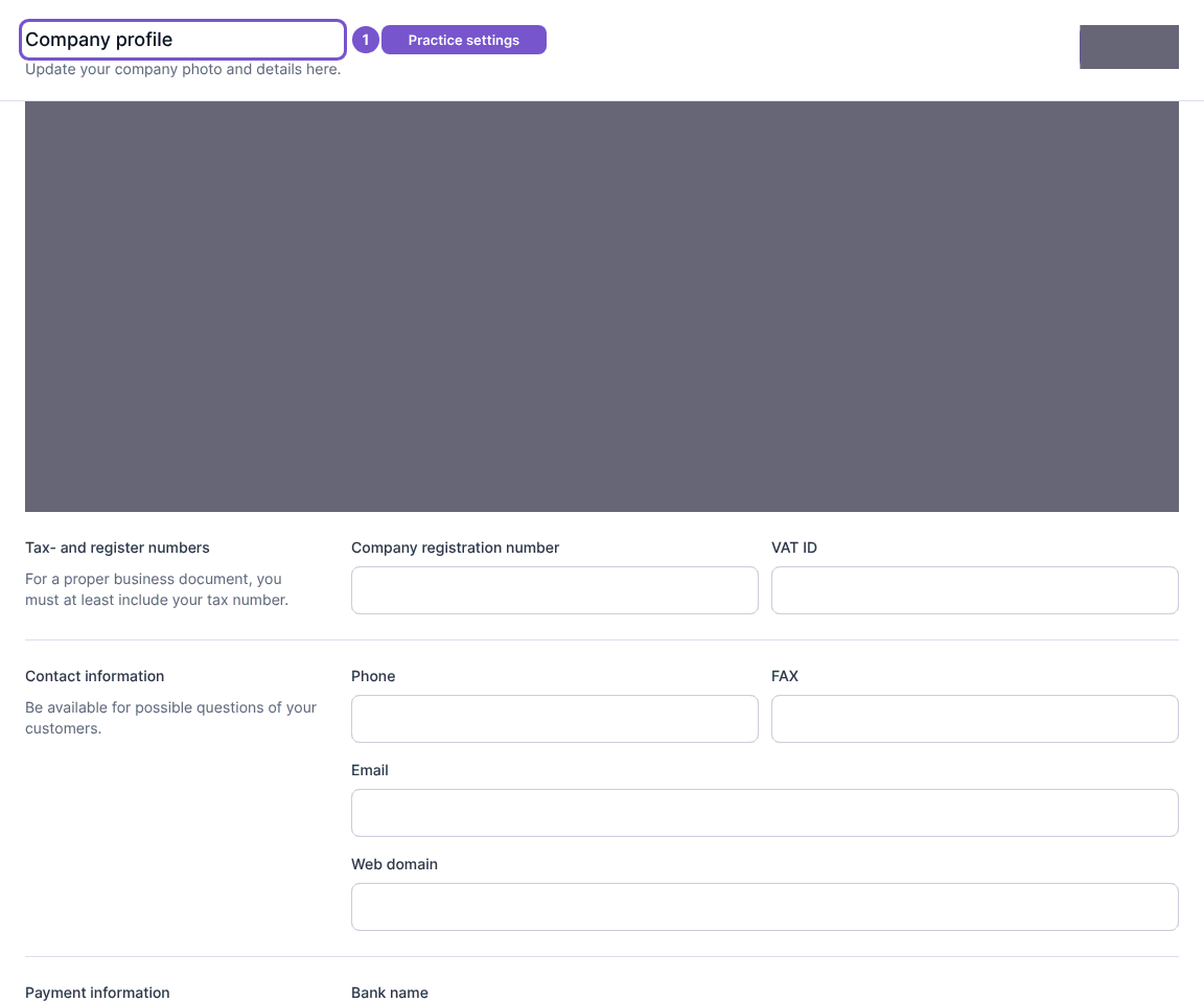 Practice Company profile with registration and contact fields; private profile details are obscured.