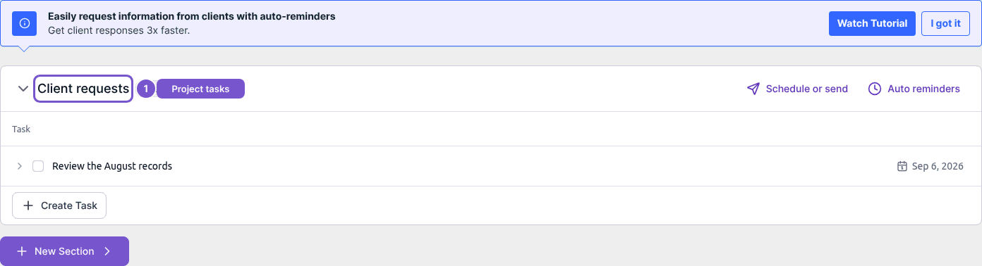 A project Client requests section with an existing task, due date and task controls.