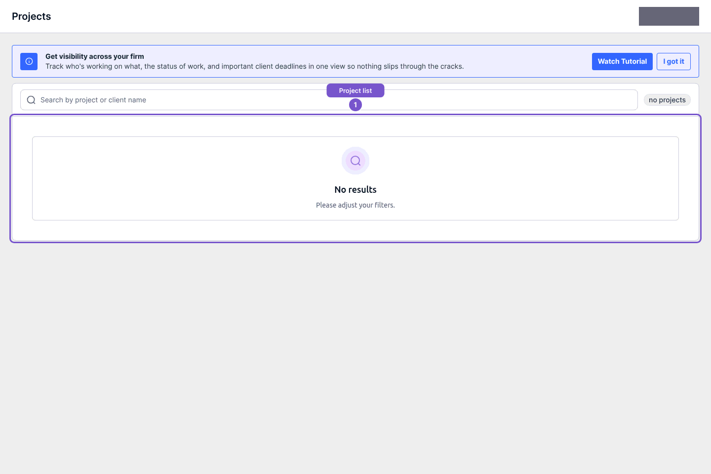 Projects list with a project-or-client search field and No results.