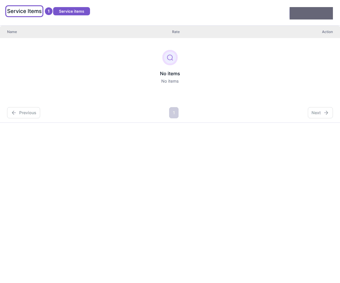 Service Items table with Name, Rate and Action columns and no items.