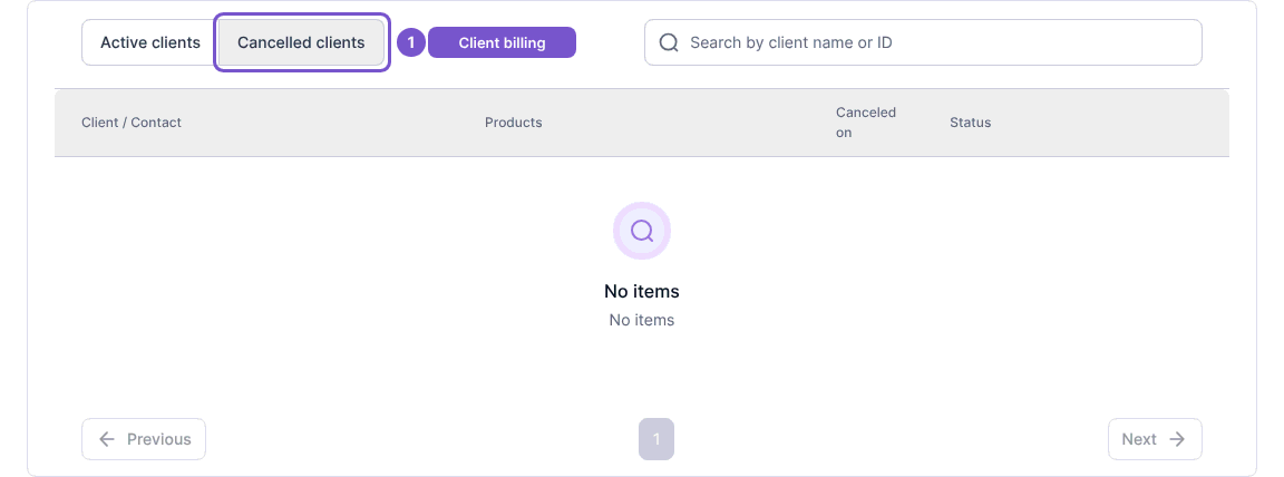 Client billing view with Active clients and Cancelled clients tabs, a search field and no items.