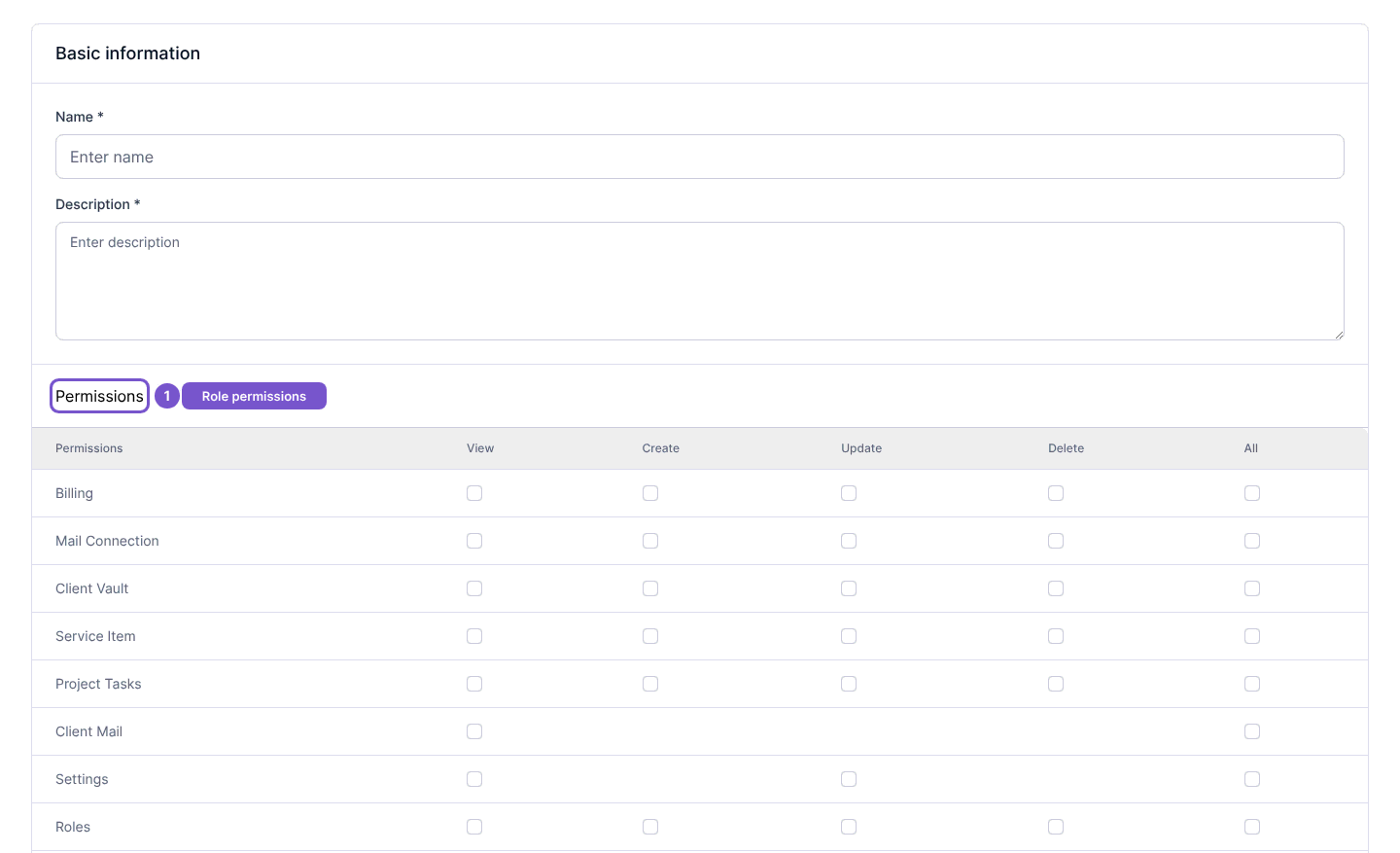 Create Role form with name, description and the accountant permission matrix.