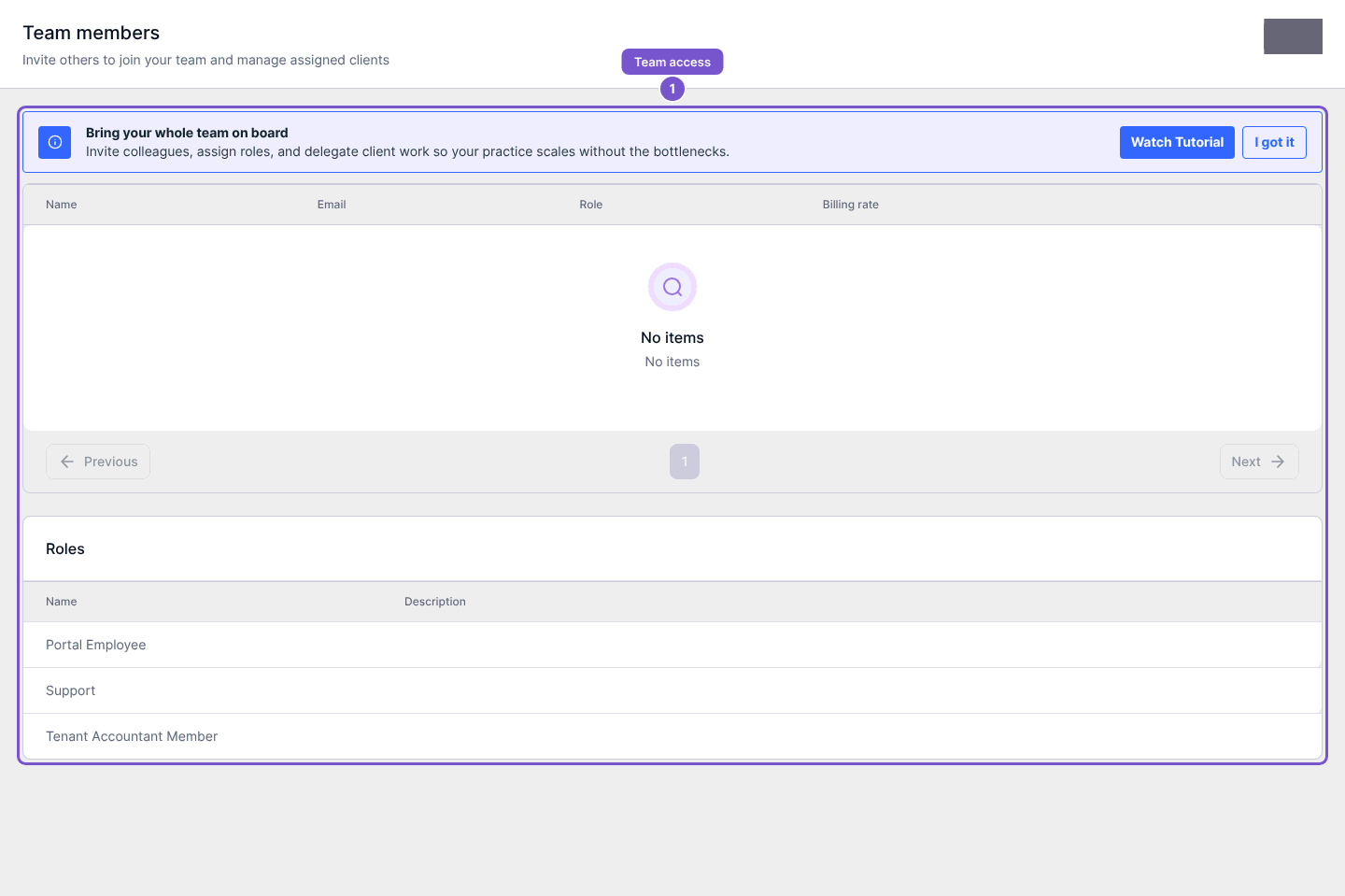 Team members page with a member table and Roles list.