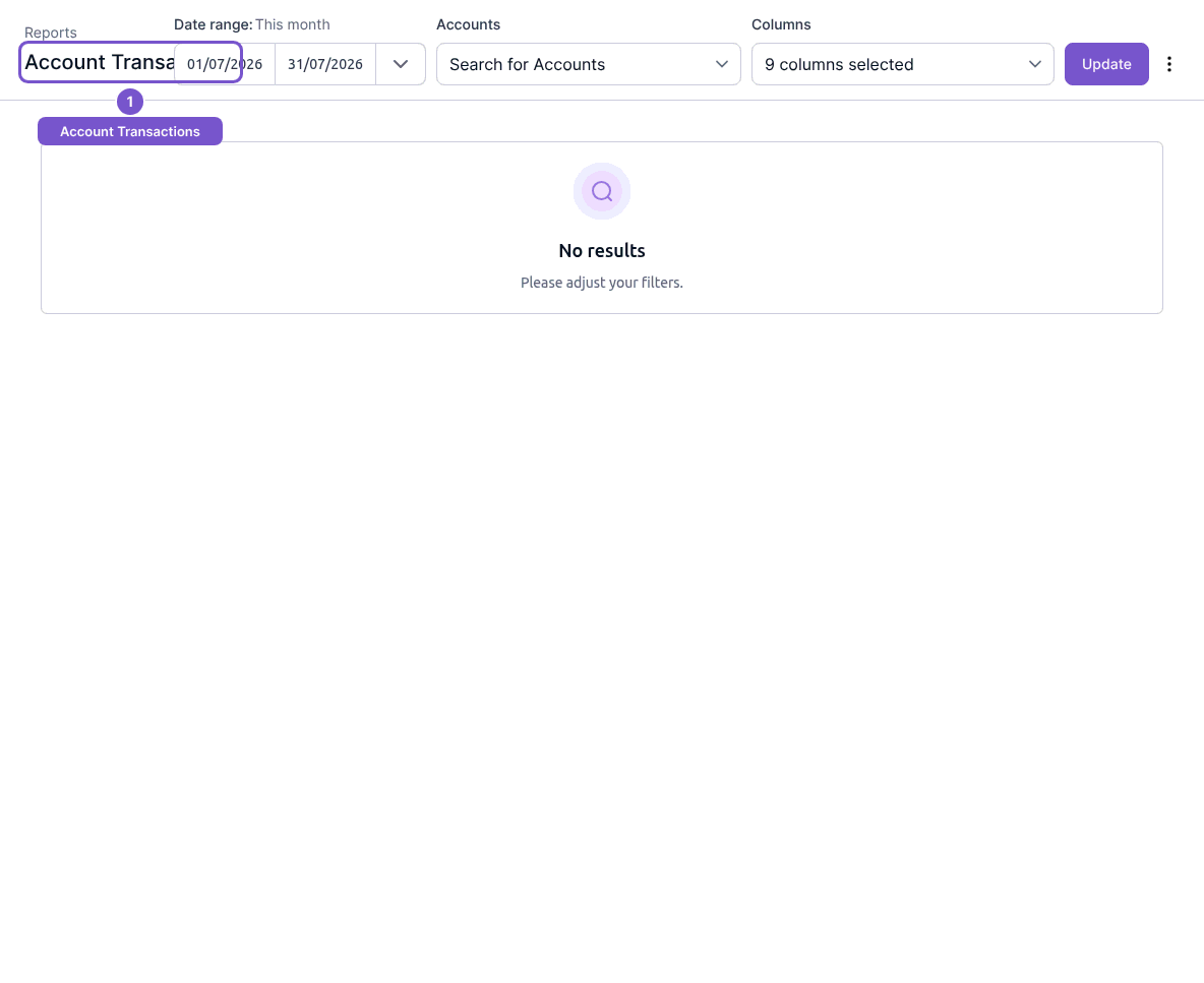 Account Transactions with date, account and column filters, Update and a No results state.