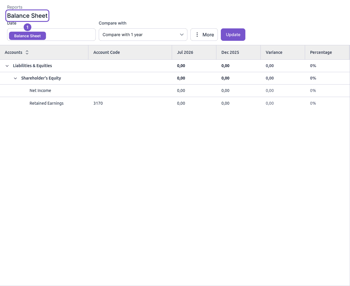 Balance Sheet with date and comparison controls and an expanded liabilities and equities group.
