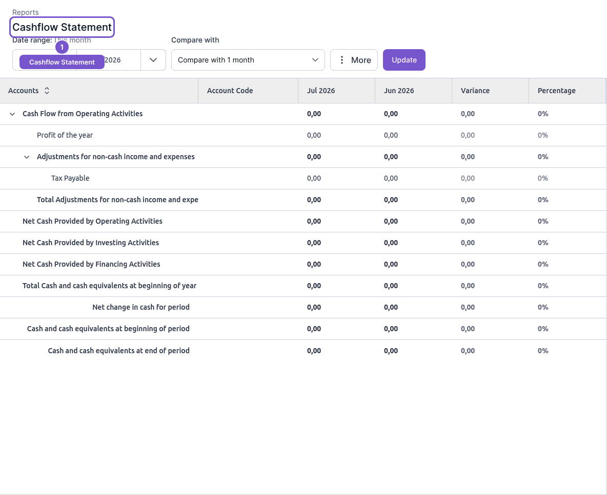 Cashflow Statement with period and comparison controls above operating, investing and financing rows.