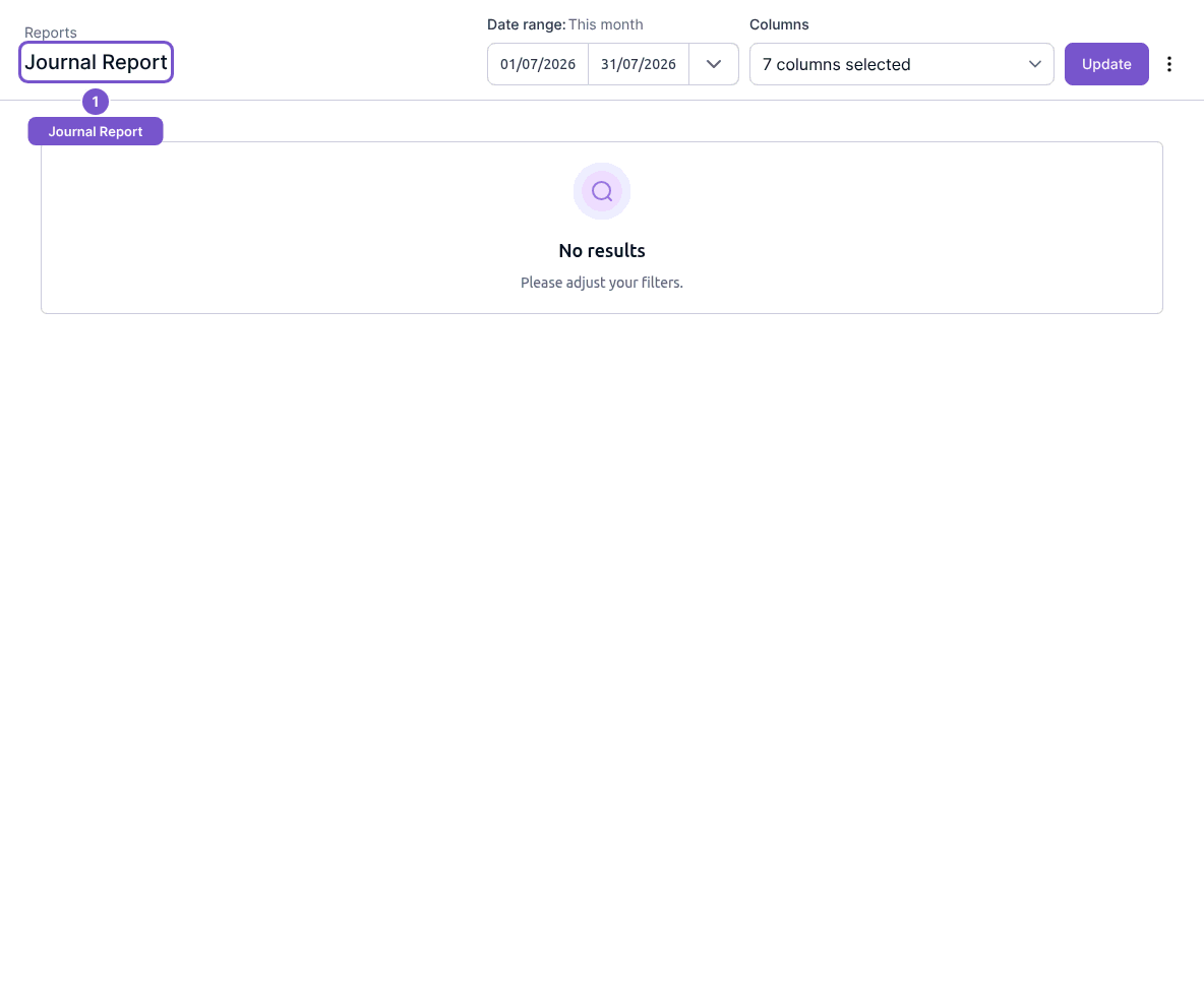 Journal Report header with Date range, Columns and Update above no results.