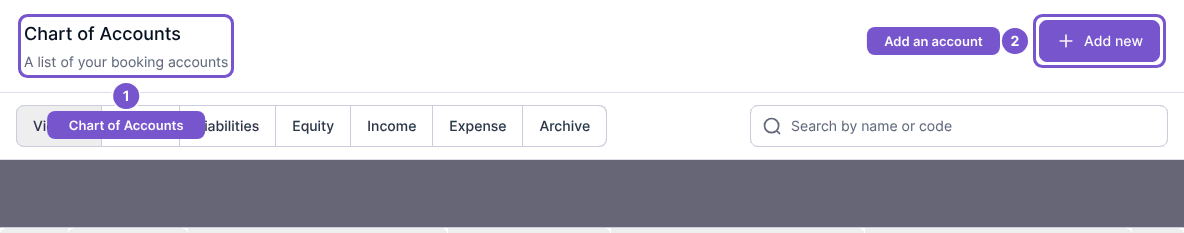 Chart of Accounts with category tabs, search by name or code and Add new.
