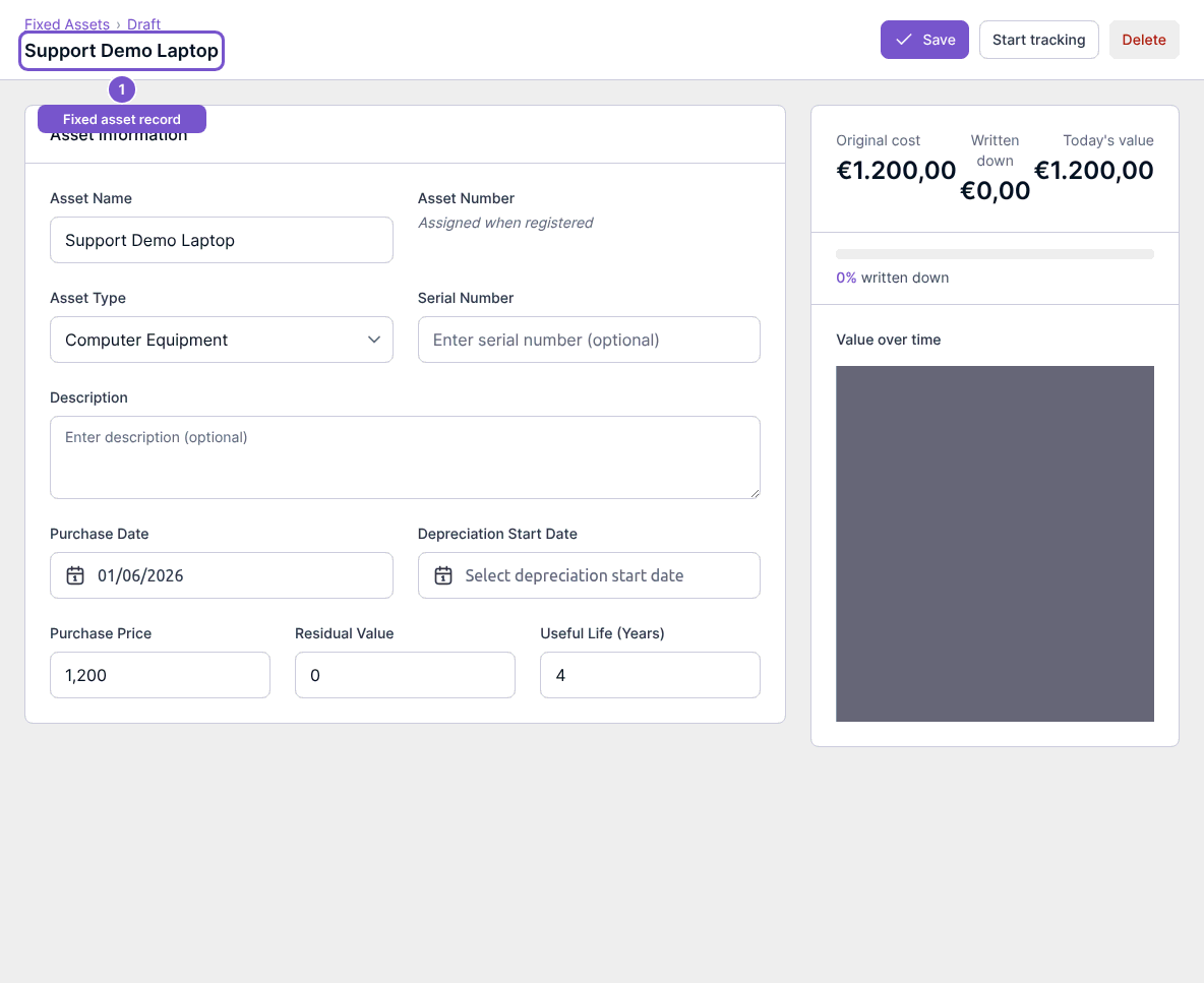 Draft fixed-asset record with asset information and an original-cost and written-down-value summary.