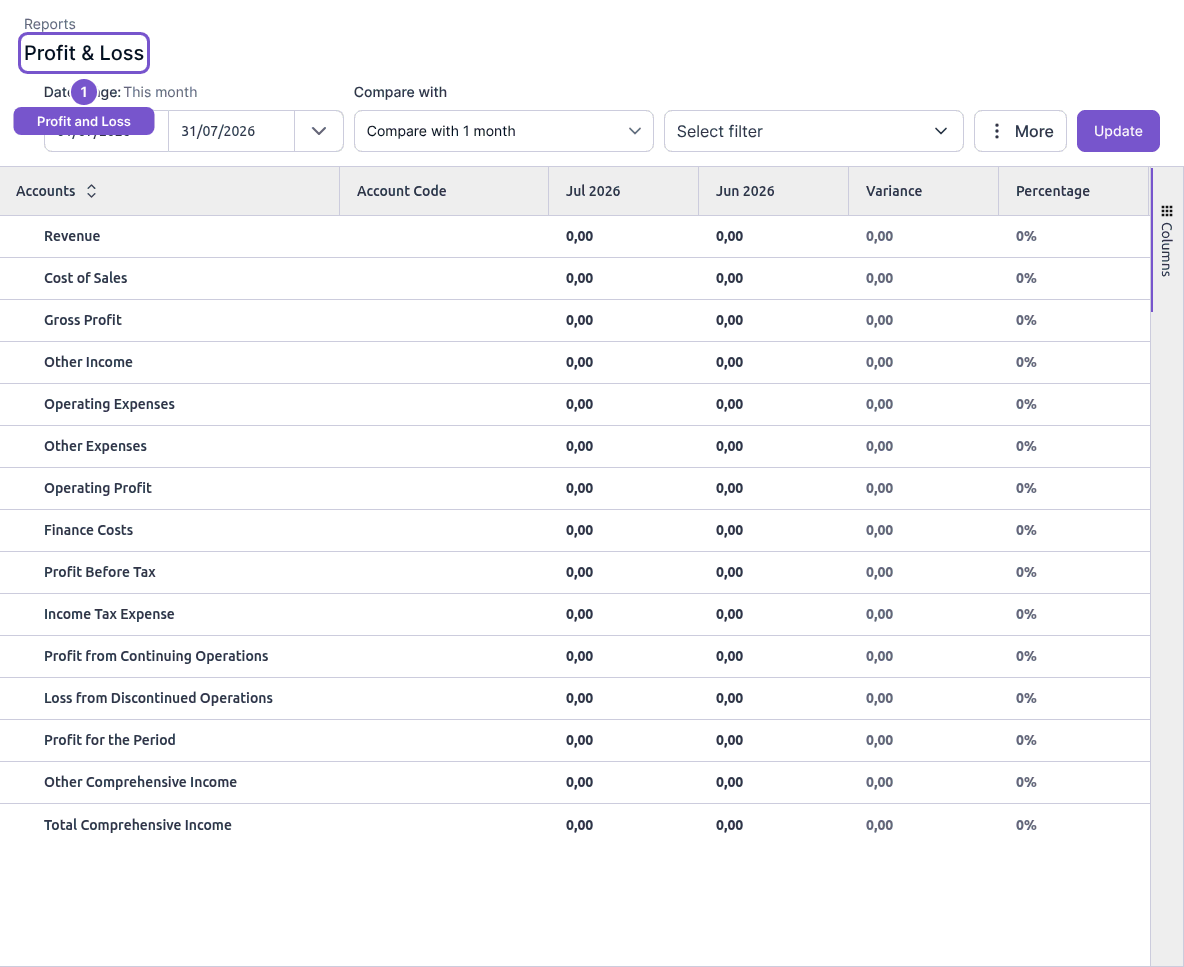 Profit and Loss with period and comparison controls and income and expense rows.