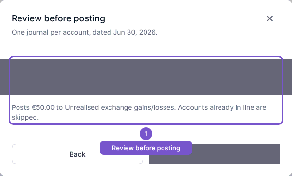 Review before posting dialog with a dated journal explanation and proposed unrealised exchange adjustment.