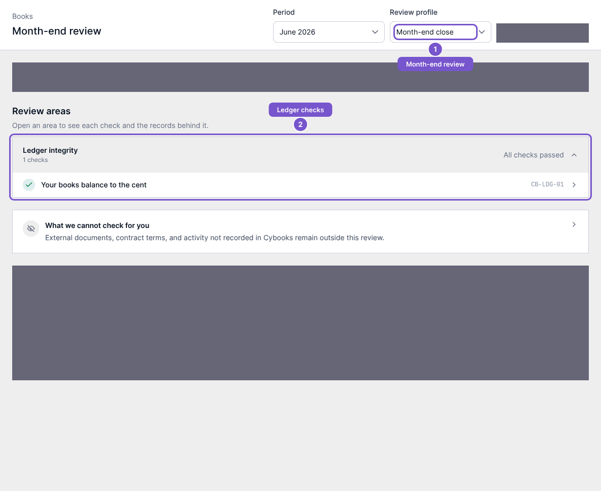Month-end review with period and profile selectors and a Ledger integrity check group.