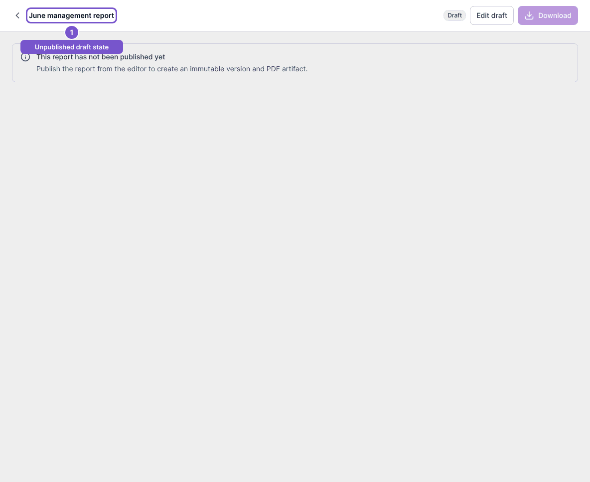 Draft management report with the alert This report has not been published yet.