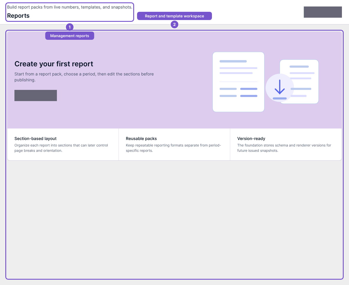 Management Reporting empty state with Create your first report and report-layout guidance.