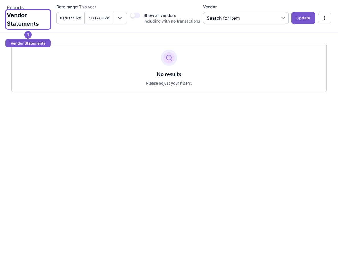 Vendor Statements with date range, Show all vendors and Vendor filters above no results.