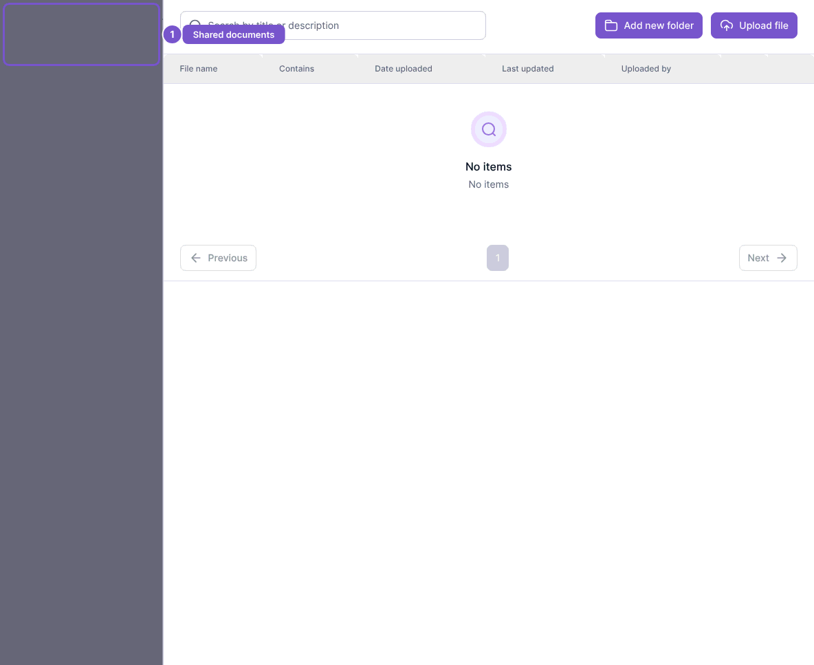 Shared document table with file search, upload and folder actions, and an empty list.