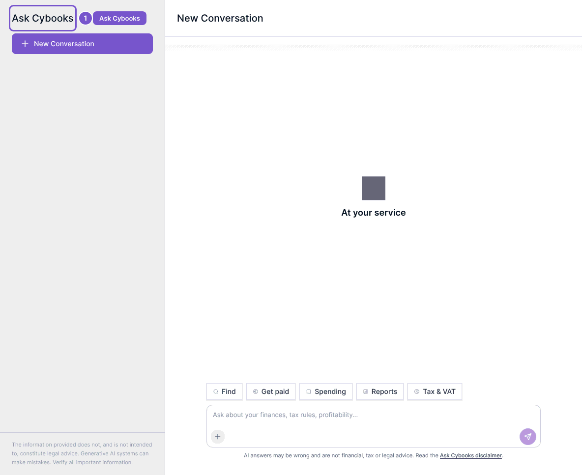 Empty Ask Cybooks conversation with skill choices and the message box.