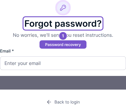 Forgot password page with the Email field and Back to login action.