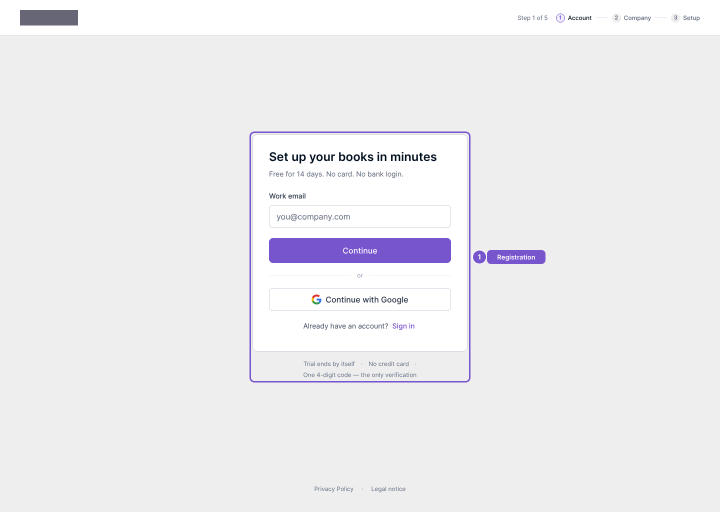 Standard registration first step with Work email, Continue and Continue with Google.
