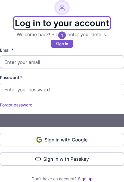 Sign-in page with email and password fields, Google and passkey options.