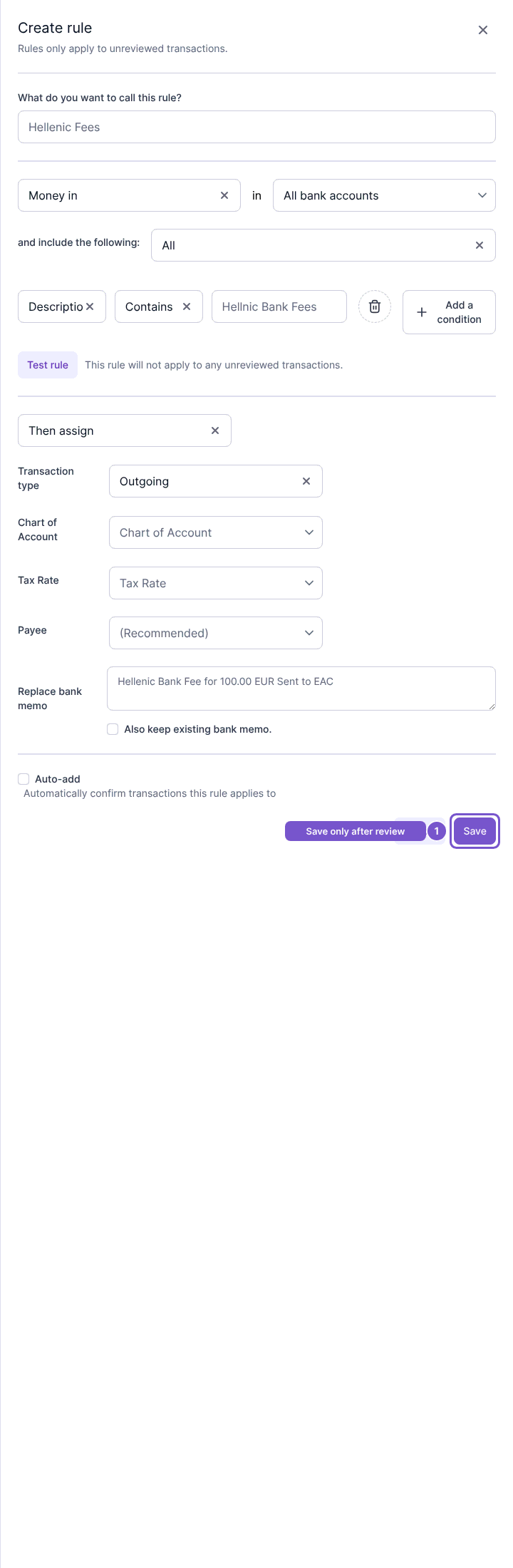 Create rule form showing conditions, Test Rule, assignment fields, Auto add and Save.