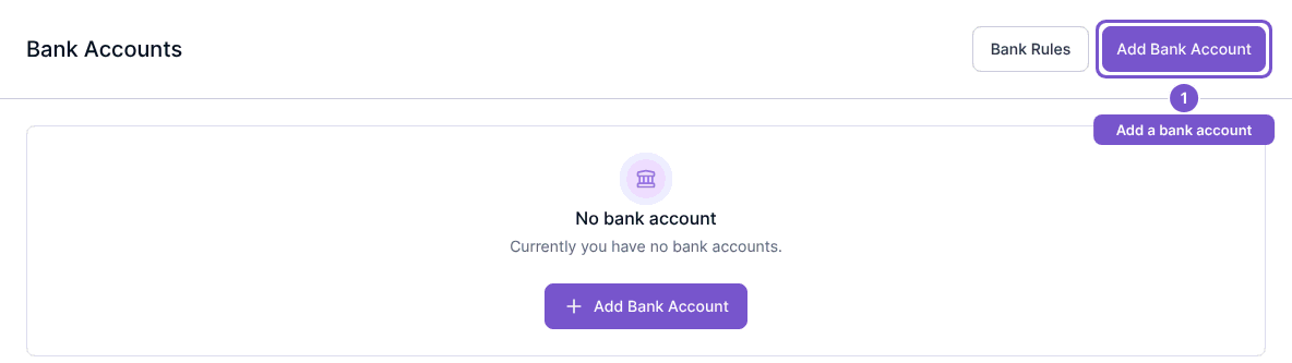 Empty Bank Accounts page with the Add Bank Account action highlighted
