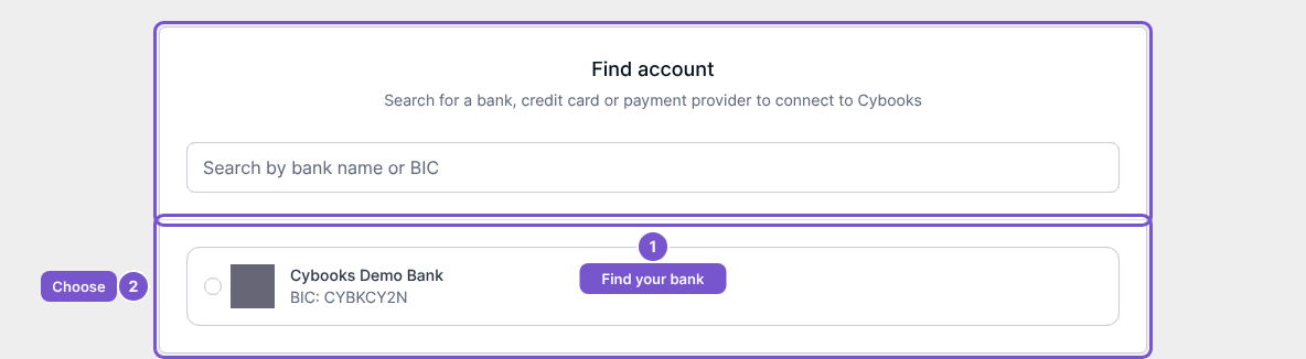 Find account page with bank search and provider choice highlighted