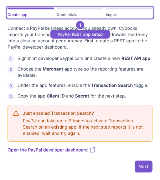PayPal wizard Create app step with merchant app instructions, Transaction Search guidance and Next.