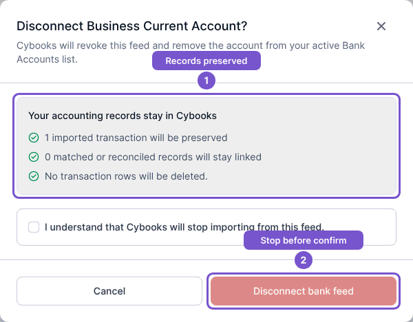 Disconnect confirmation showing preserved records, the acknowledgement checkbox and the disabled confirmation button