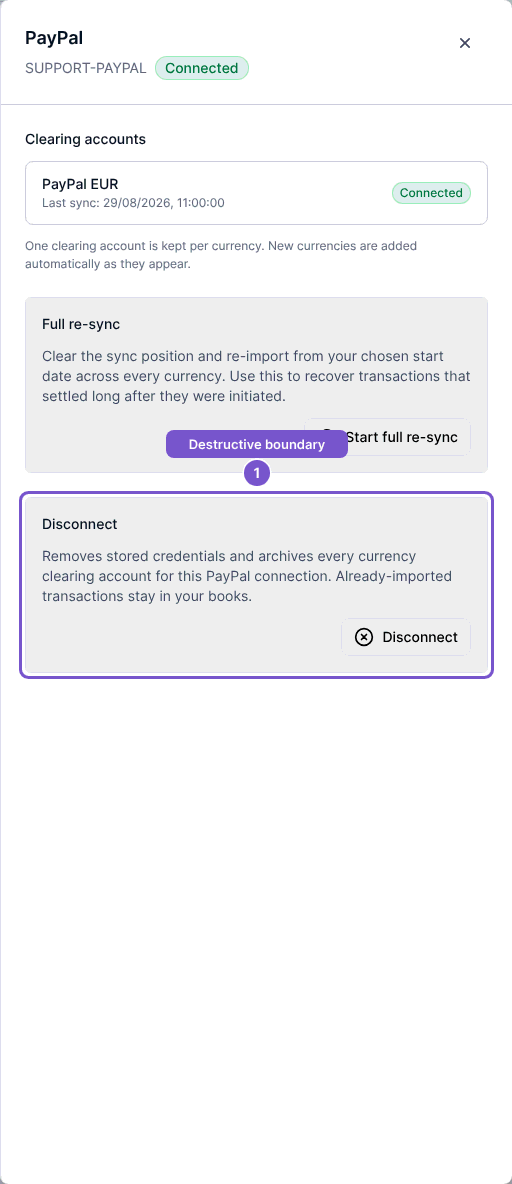 PayPal management panel with its clearing account and Disconnect section explaining that imported transactions are retained