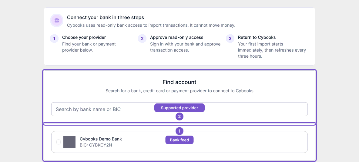 Bank connection page with read-only access guidance and a provider search above the available bank