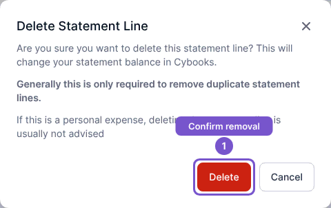 Delete Statement Line confirmation warning that removal changes the statement balance