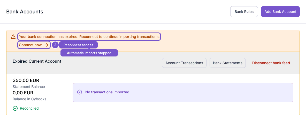 Bank Accounts showing an expired connection warning and Connect now