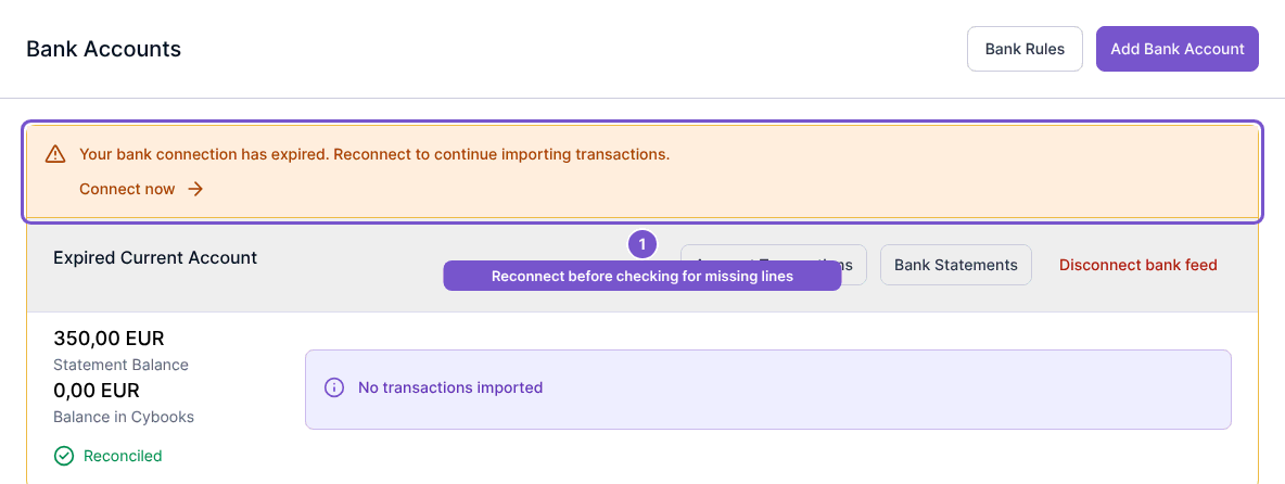 Expired bank connection notice directing the user to reconnect before imports can continue