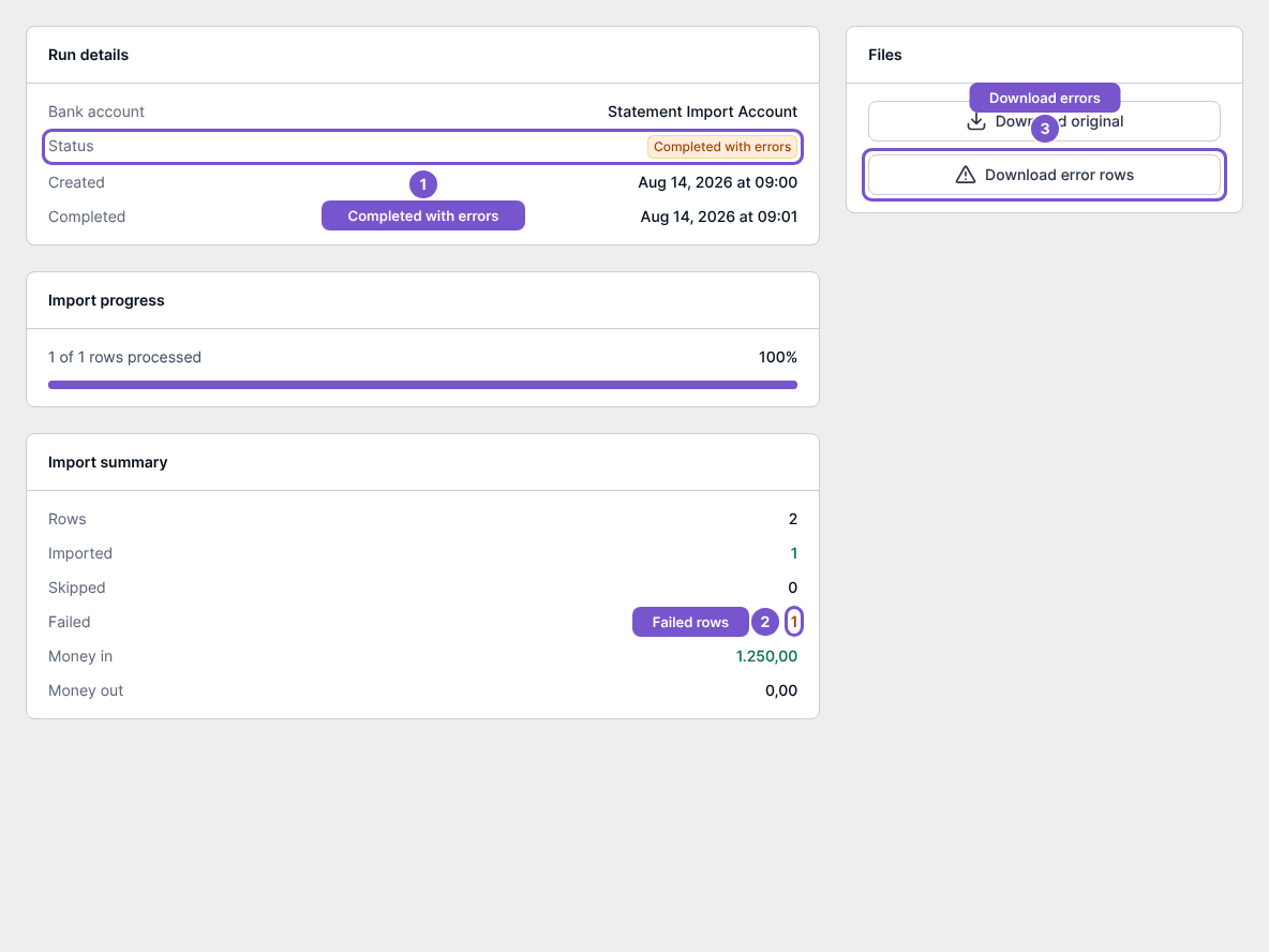 Import run details showing Completed with errors, a failed-row count and Download error rows