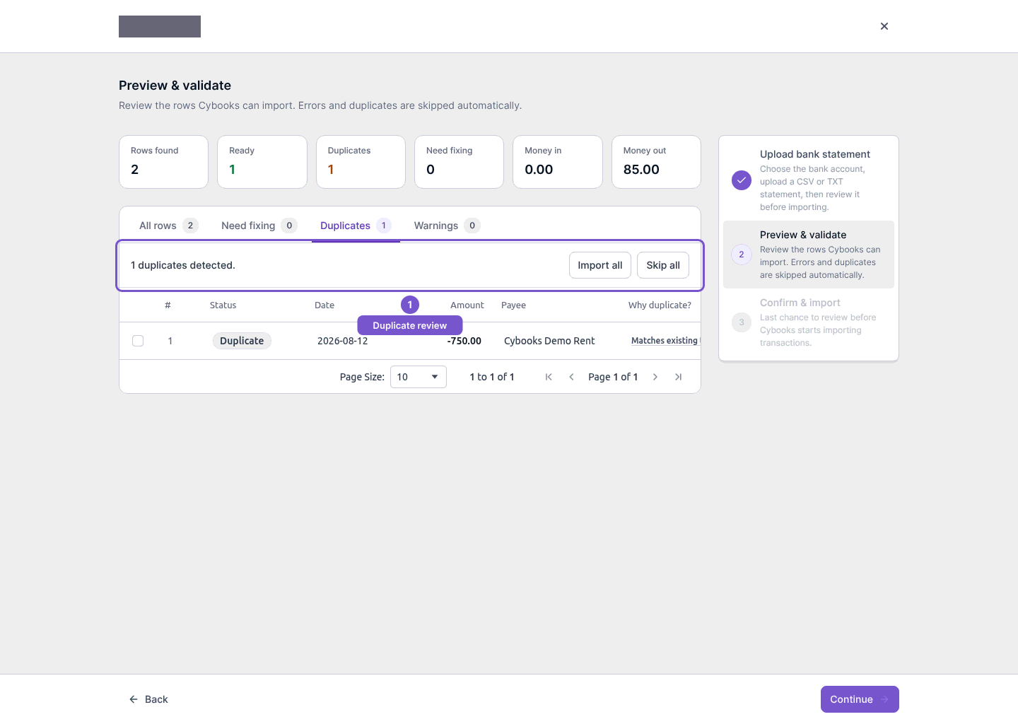 Preview and validate step with the Duplicates filter and matching duplicate row highlighted