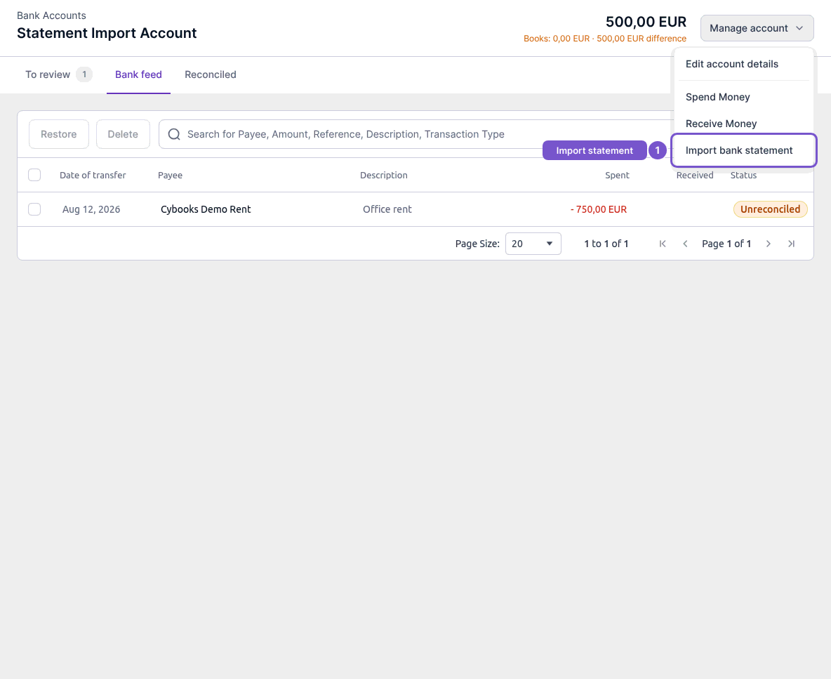 Bank feed view with the Import bank statement action highlighted in the Manage account menu
