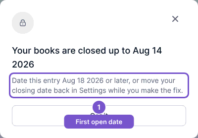 Closed-period dialog showing the closing date and guidance with the next open date