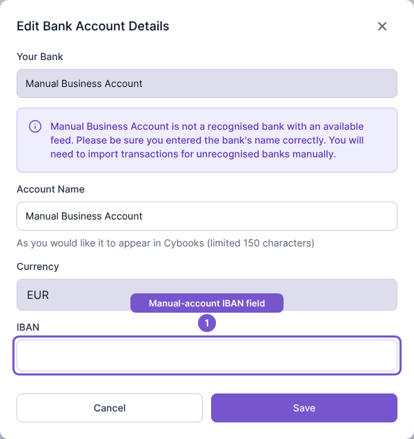 Edit Bank Account Details dialog with name and IBAN fields while bank and currency are disabled