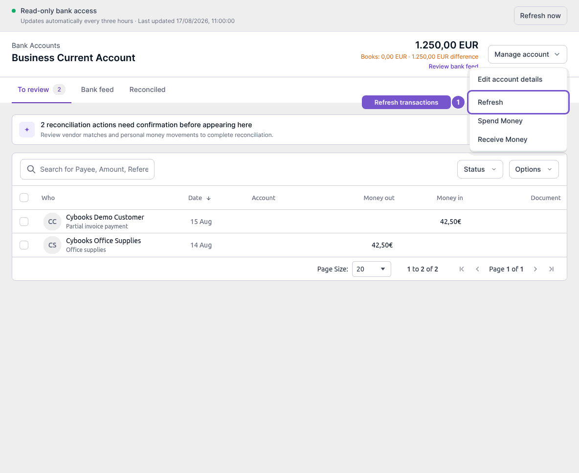 Online bank account with the Manage account menu open and Refresh highlighted