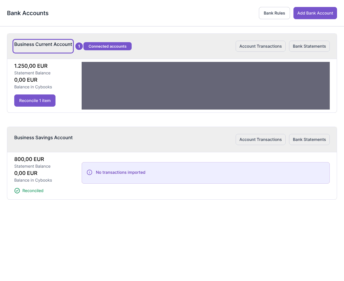 Bank Accounts page with two connected accounts and one account name highlighted