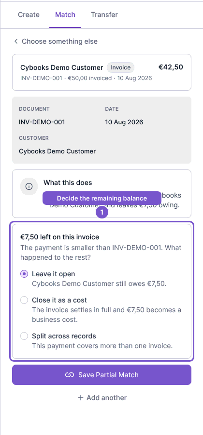 Invoice match showing the unpaid remainder and Leave it open, Close it as a cost and Split across records choices