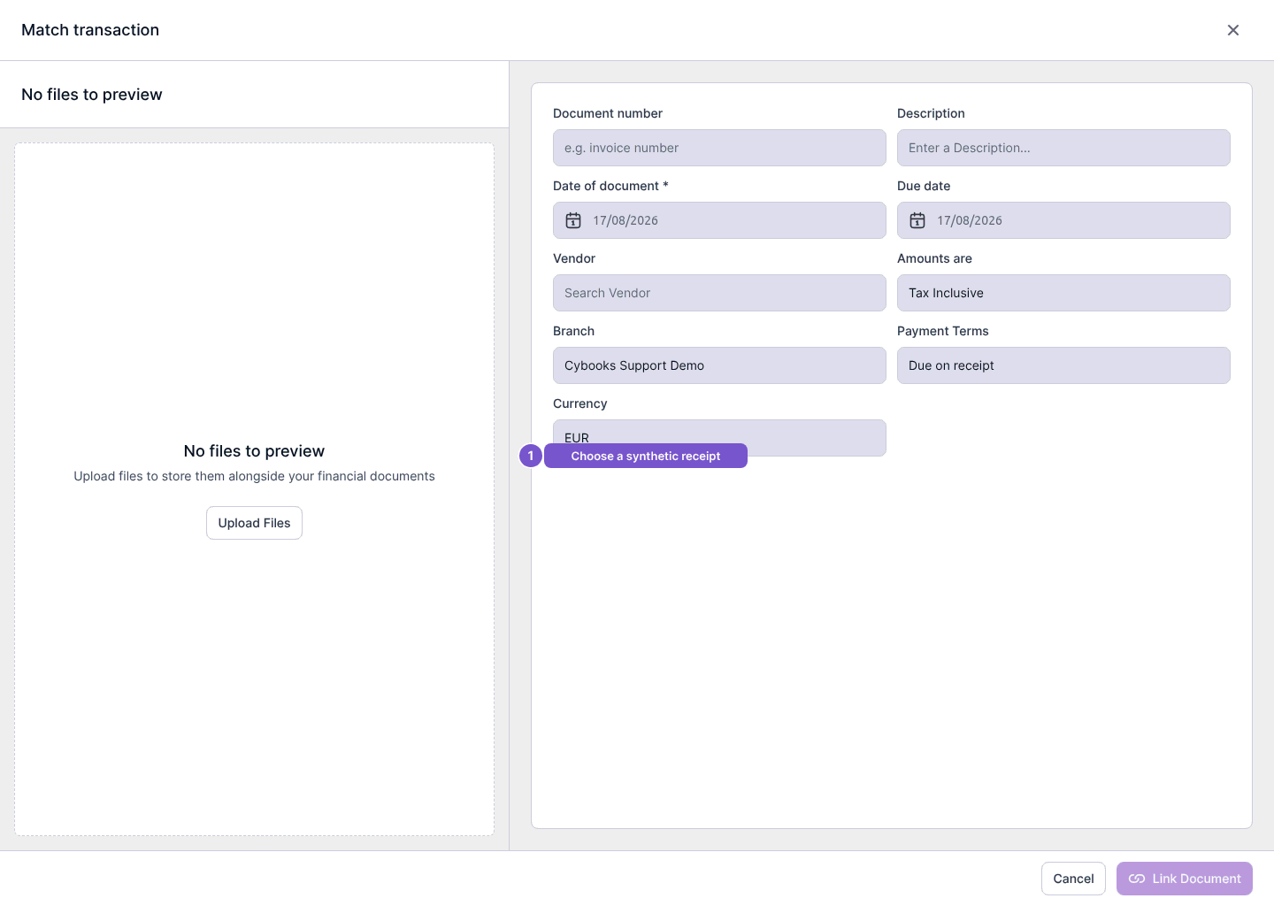 Match transaction upload dialog with an empty file preview, Upload Files and a disabled Link Document action