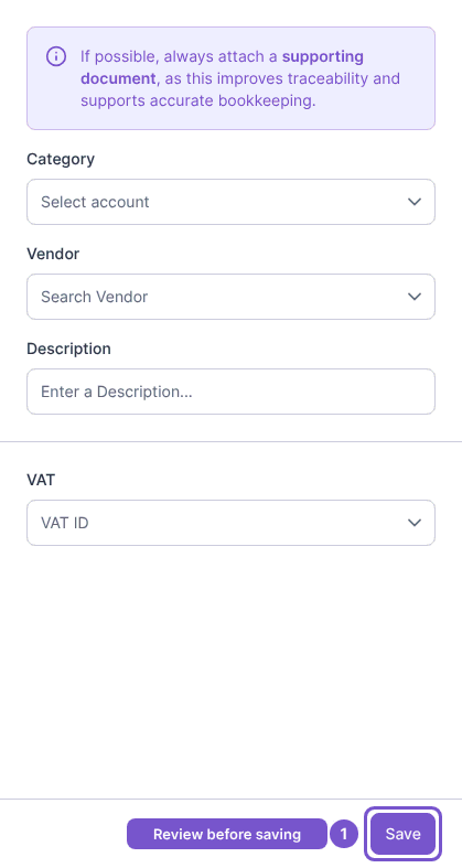 Create form with category, vendor, description and VAT fields above Save