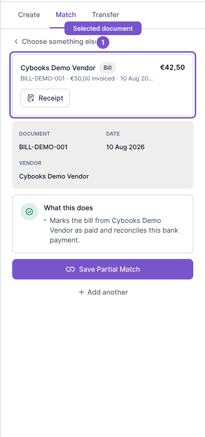 Match panel with a selected bill, its details and the consequence before Save Partial Match
